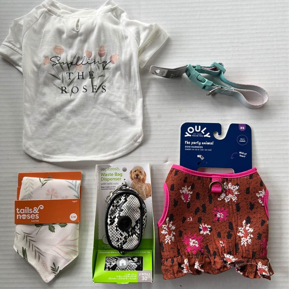 Lot of small breed dog items: brand new harness collar shirt bandana